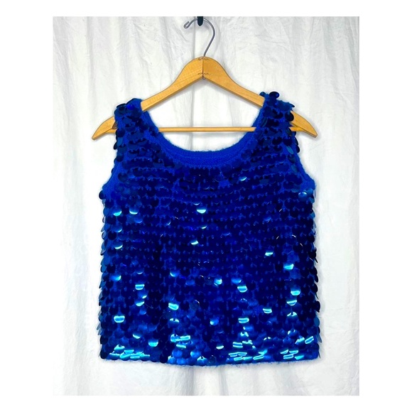 VTG Giant Sequined Sparkly Cobalt Blue Wool Knit Tank - Picture 2 of 4